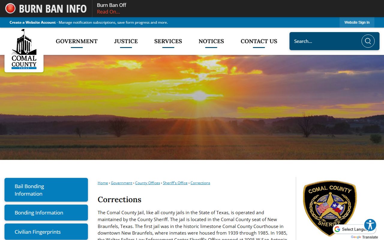 Comal County inmate population corrections page for the county jail