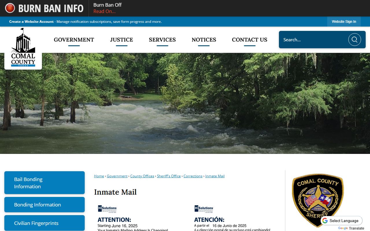 Comal County Jail inmate mail and money rules