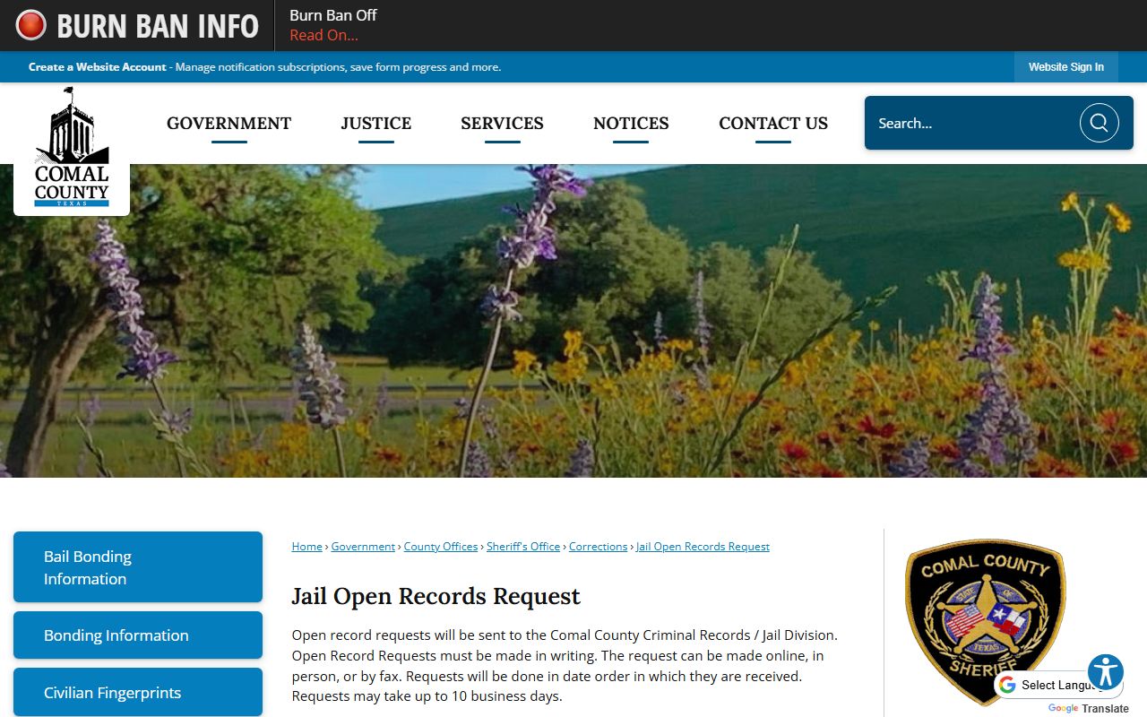 Comal County inmate records jail open records request page