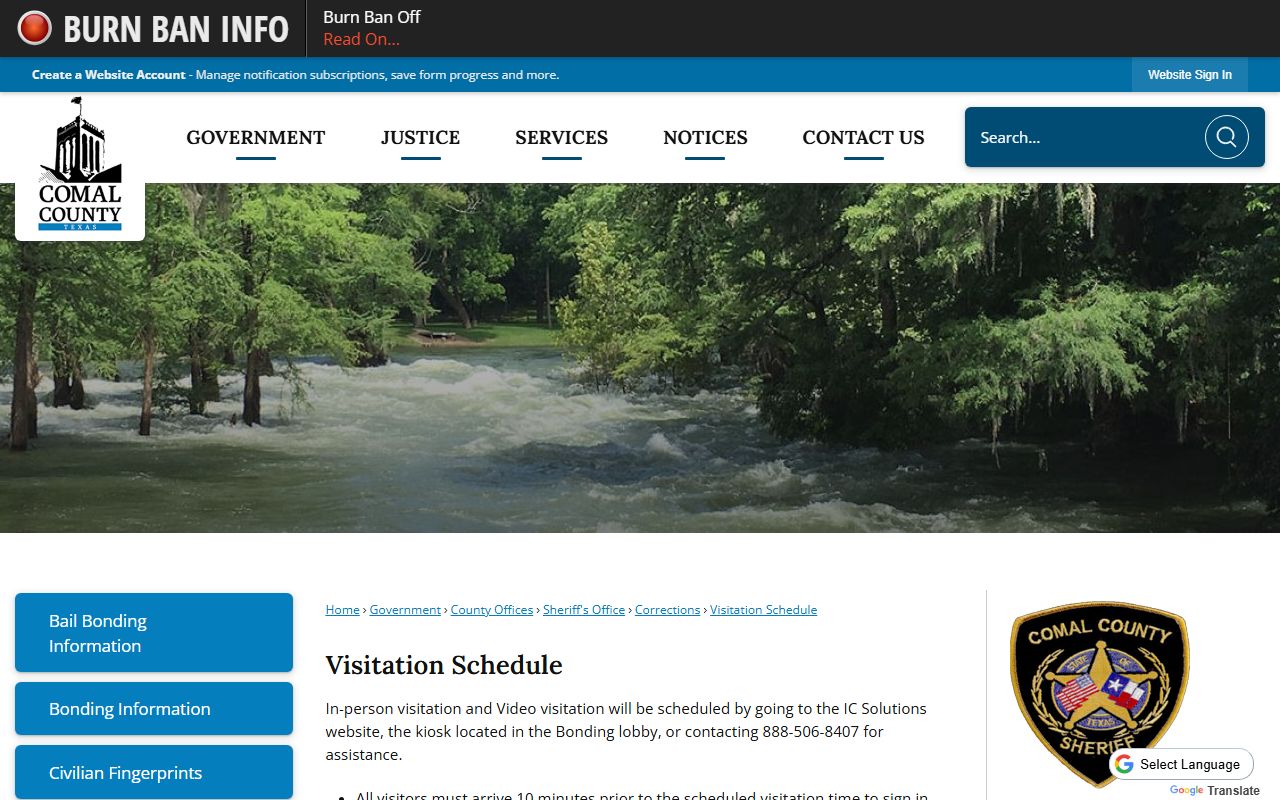 Comal County Jail visitation schedule for inmate visits